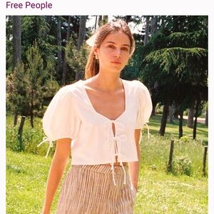 Free People Kitty Tee Ivory Cropped Puff Sleeve Bow Front Cottagecore Top SZ XL!